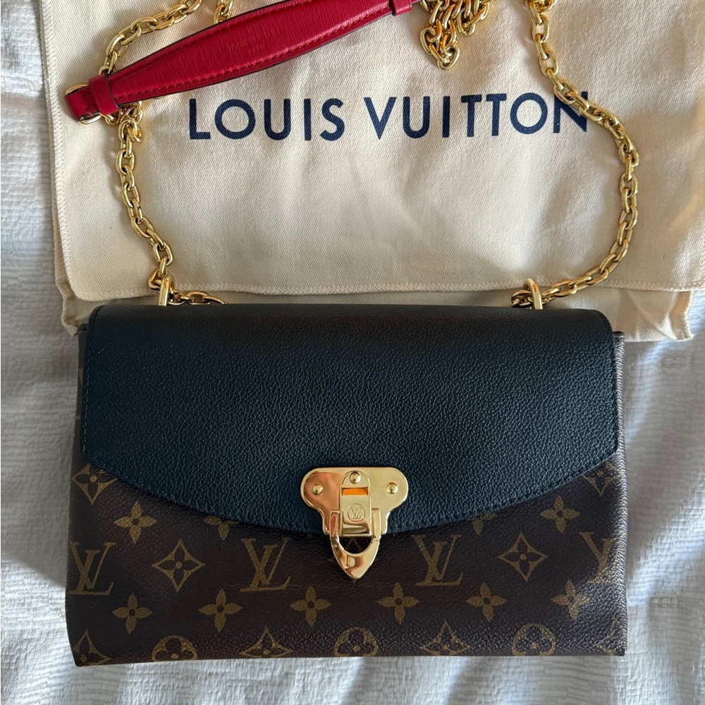 Louis Vuitton Black and Brown Monogram Shoulder Bag with Red Strap